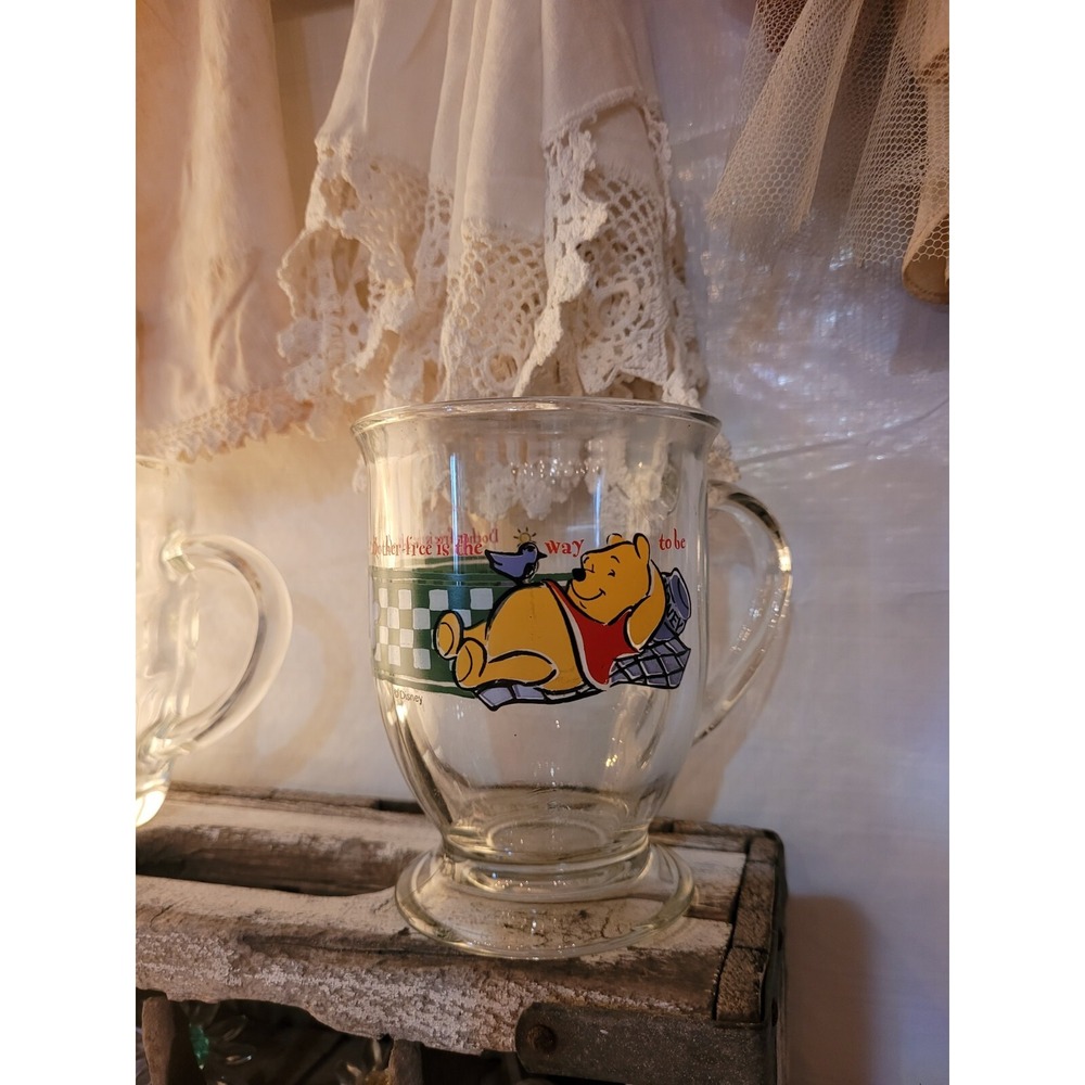 Disney Vintage Winne the Pooh 5" Clear Glass Mug "Bother Free Is The Way To Be"